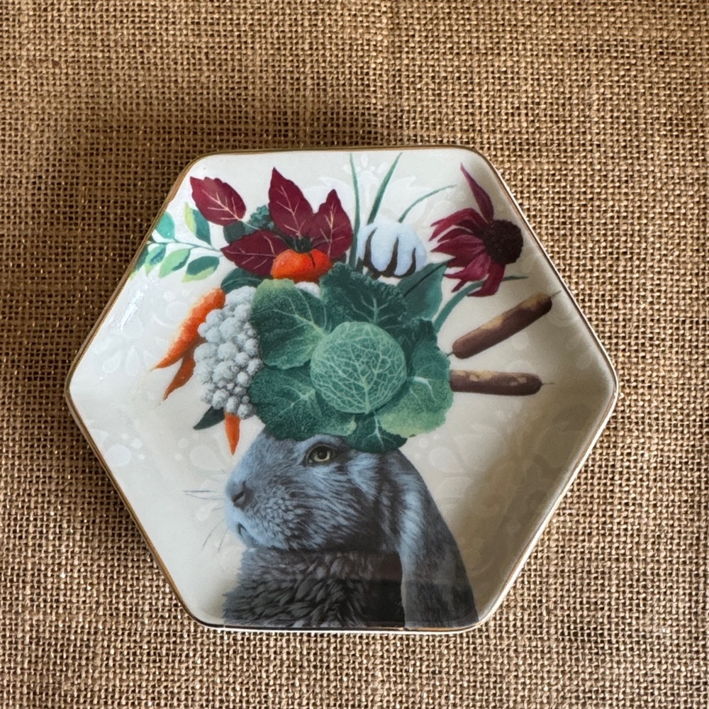 Heather Gauthier Morning In The Garden Hexagon Trinket Tray Bunny Veggie Floral